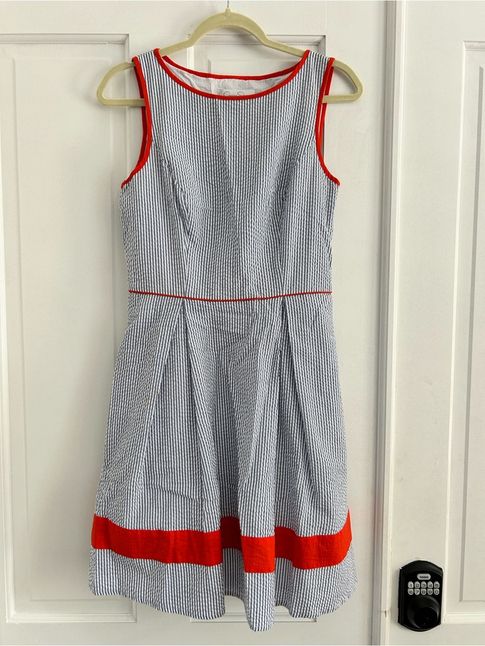 Jessica Simpson Blue and White Striped Dress with Red Trim